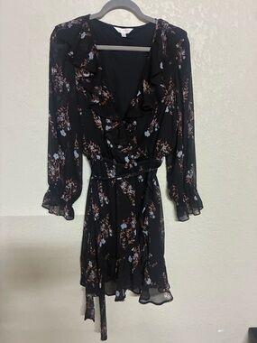 LC Lauren Conrad Black Floral Ruffle Wrap Dress with Blue & Brown Accents